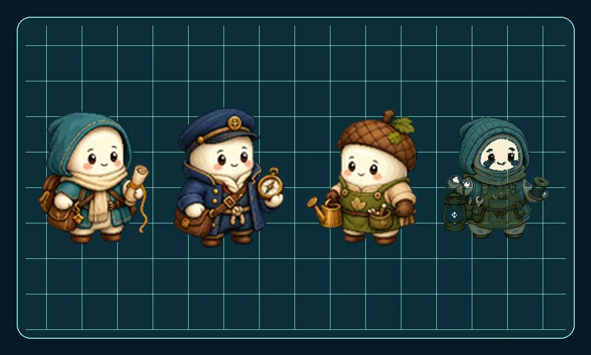 Mica, Quill, Bramble and Tallow character art