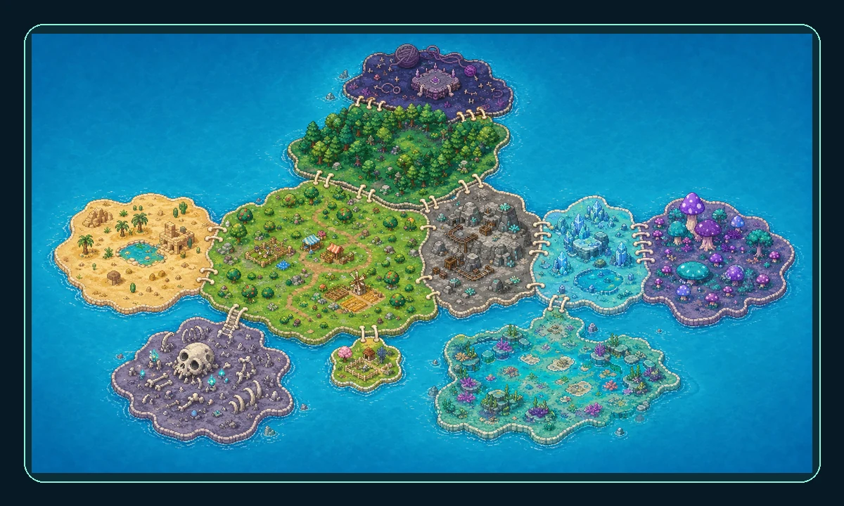 Painted concept map of the Solmallow islands