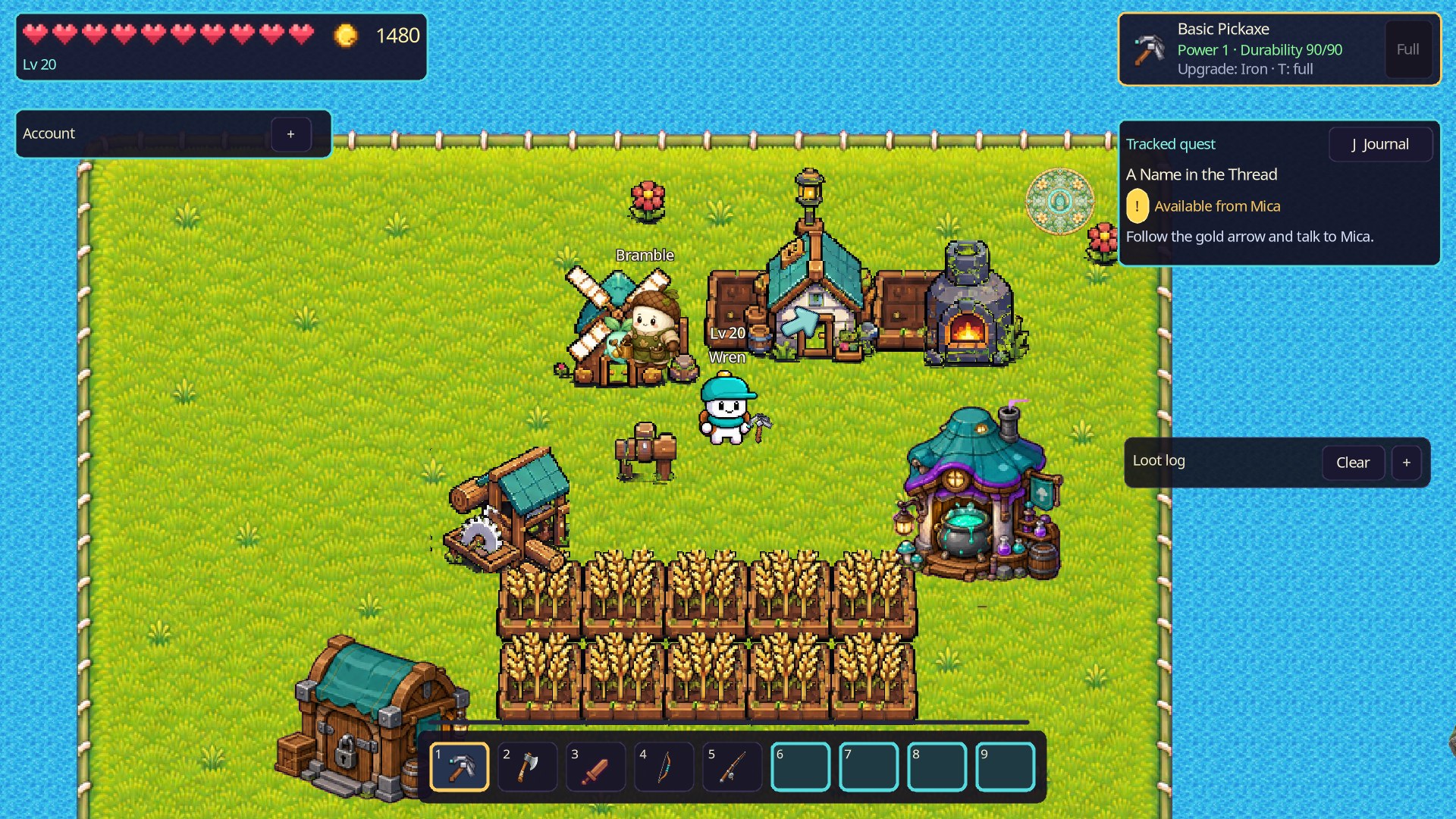 The player's Home Garden with crops and workshops